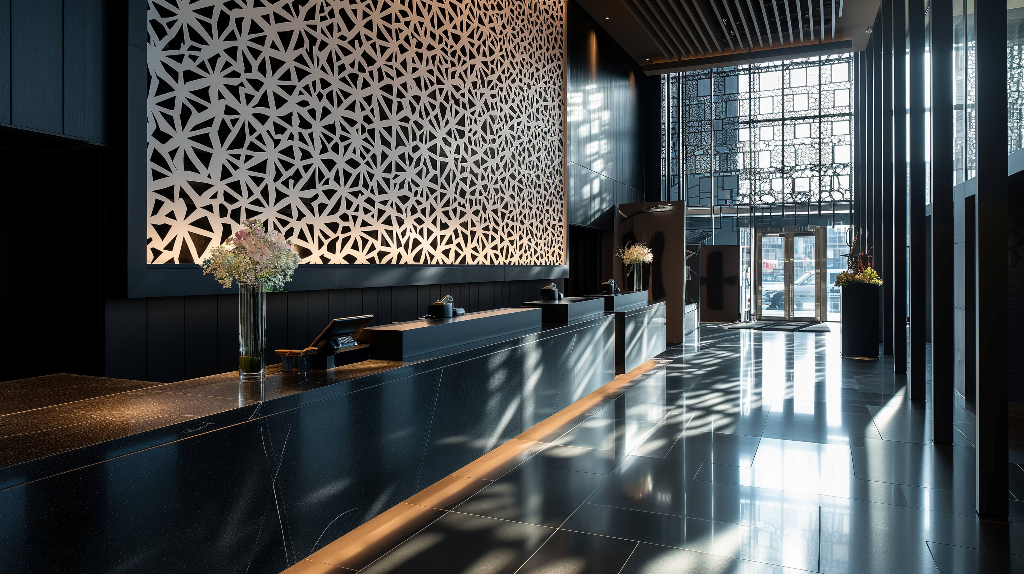 Luxurious hotel room with modern decor, QR code tent card on nightstand, city view through window.