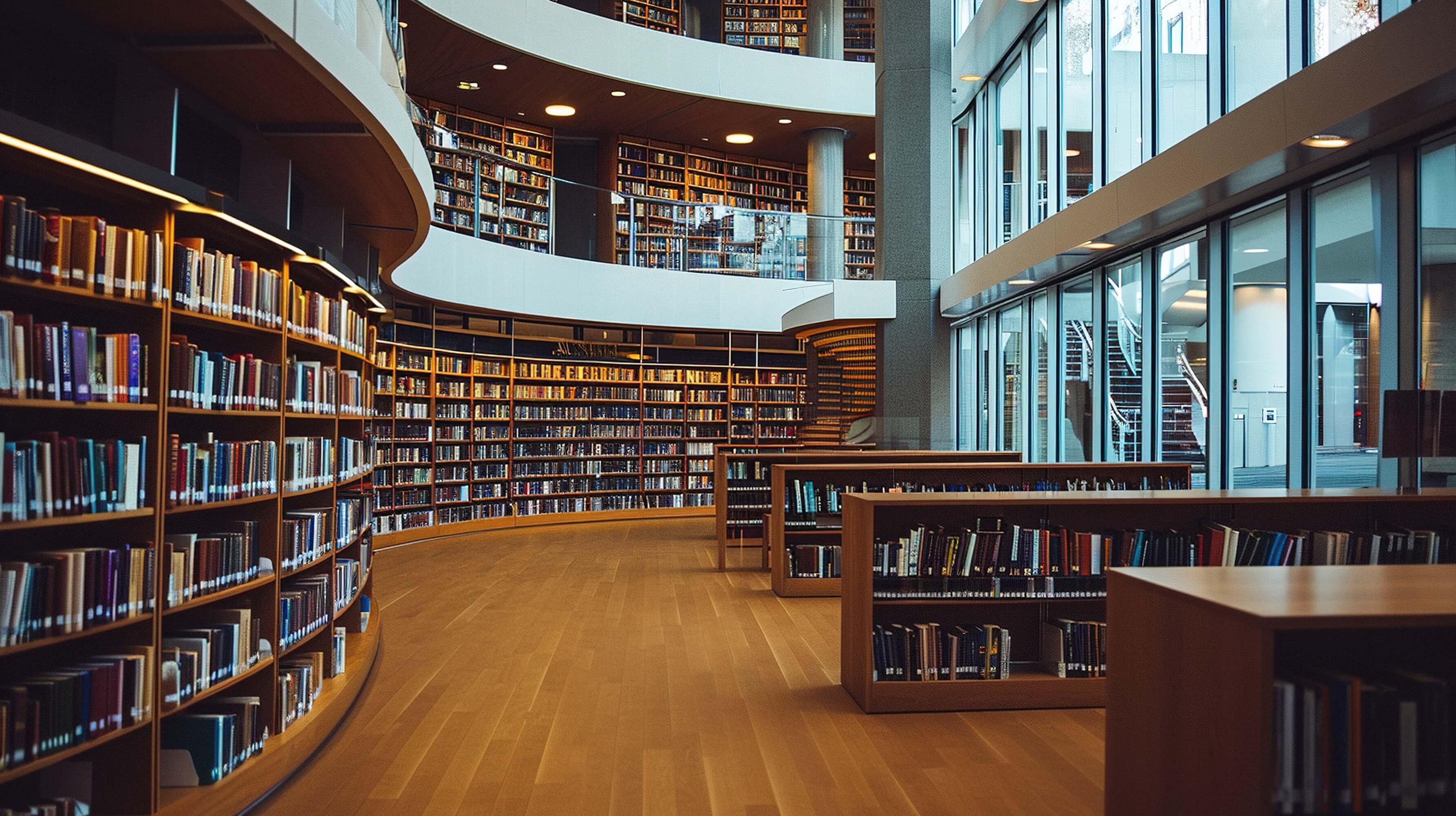 Beautiful library interior, bookshelves, natural light, QR codes visible on shelf ends or displays.